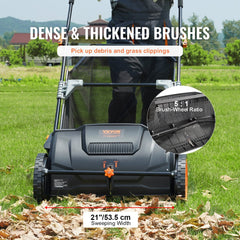 Push Lawn Sweeper, 21-inch Leaf & Grass Collector, Strong Rubber Wheels & Heavy Duty Thickened Steel Durable to Use with Large Capacity 3.5 cu. ft. Mesh Collection Hopper Bag, 2 Spinning Brushes