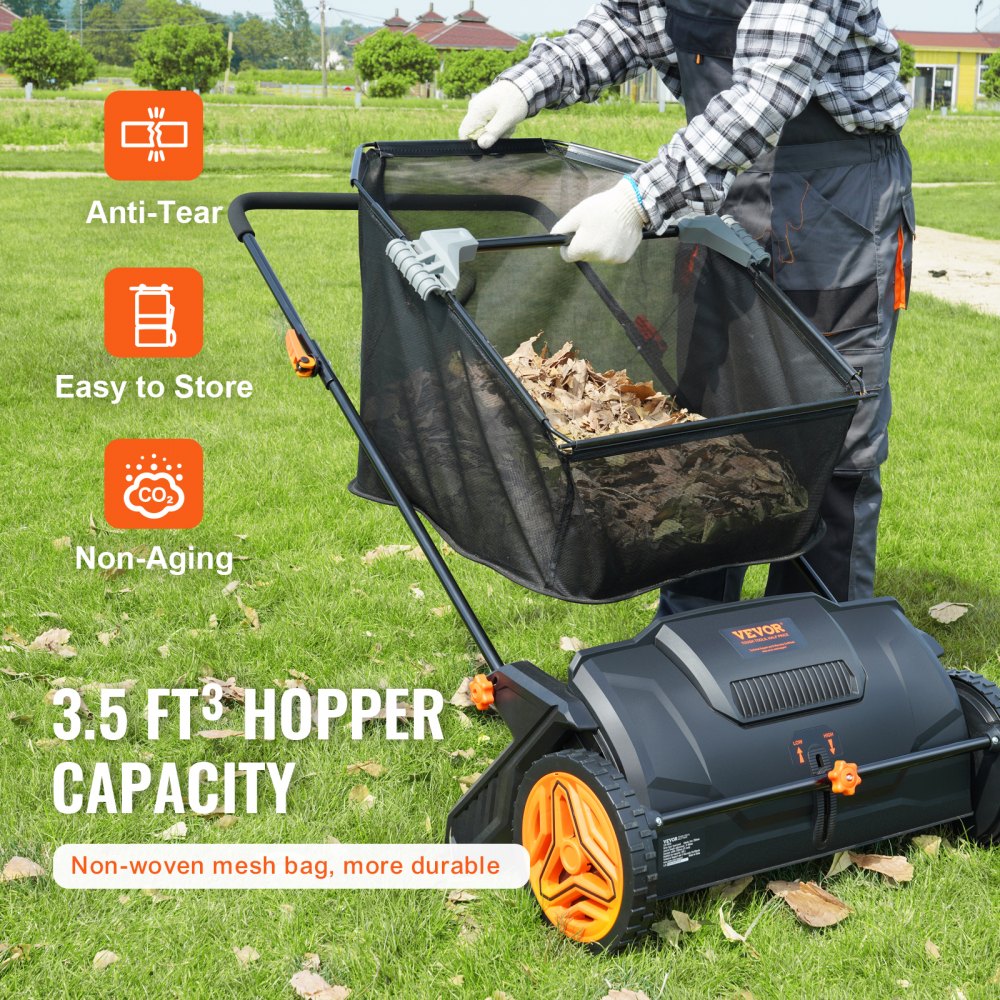 Push Lawn Sweeper, 21-inch Leaf & Grass Collector, Strong Rubber Wheels & Heavy Duty Thickened Steel Durable to Use with Large Capacity 3.5 cu. ft. Mesh Collection Hopper Bag, 2 Spinning Brushes