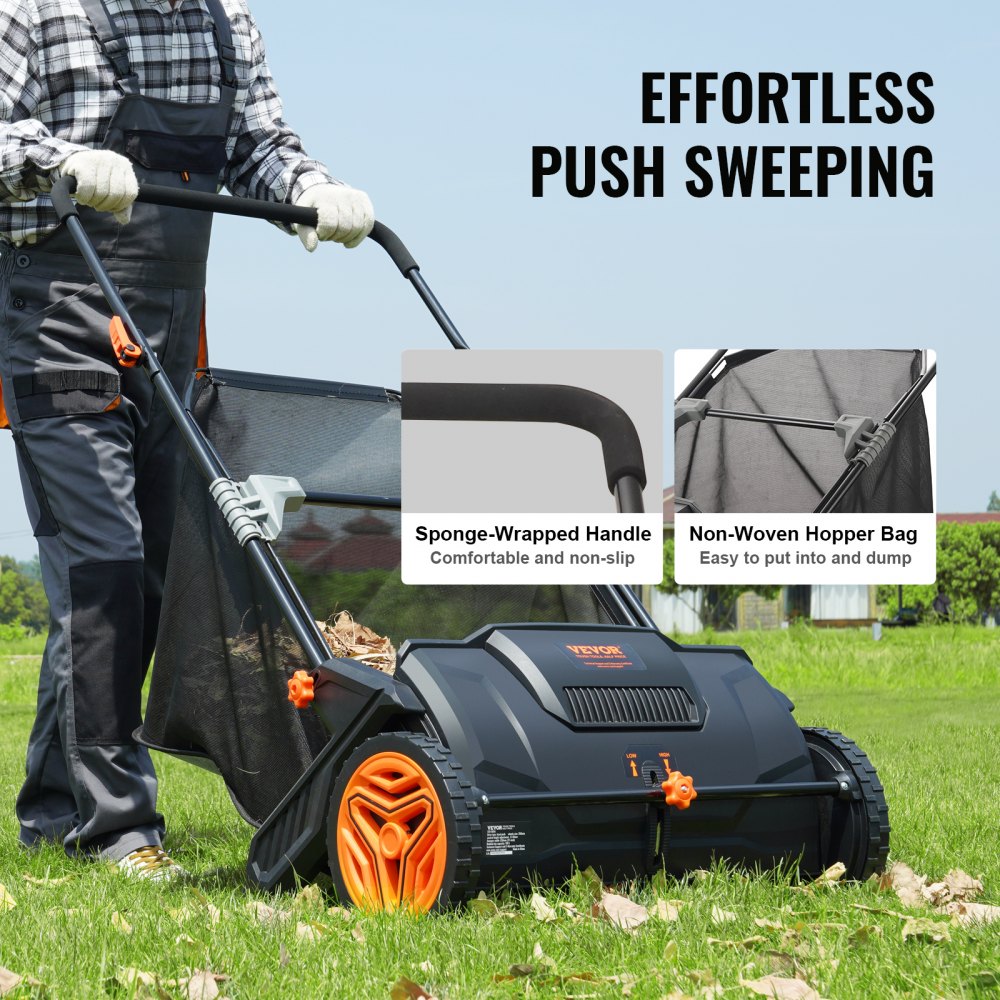 Push Lawn Sweeper, 21-inch Leaf & Grass Collector, Strong Rubber Wheels & Heavy Duty Thickened Steel Durable to Use with Large Capacity 3.5 cu. ft. Mesh Collection Hopper Bag, 2 Spinning Brushes