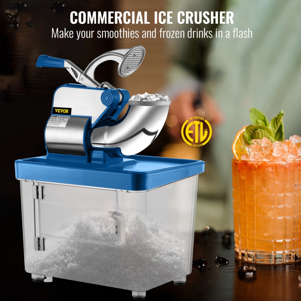 110V Commercial Ice Crusher 440LBS/H, ETL Approved 300W Electric Snow Cone Machine with Dual Blades, Stainless Steel Shaved Ice Machine with Safety On/Off Switch for Family, Restaurants, Bars