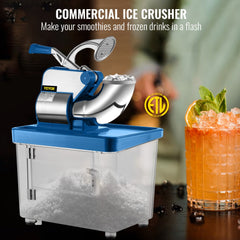 110V Commercial Ice Crusher 440LBS/H, ETL Approved 300W Electric Snow Cone Machine with Dual Blades, Stainless Steel Shaved Ice Machine with Safety On/Off Switch for Family, Restaurants, Bars