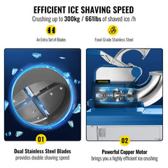 110V Commercial Ice Crusher 440LBS/H, ETL Approved 300W Electric Snow Cone Machine with Dual Blades, Stainless Steel Shaved Ice Machine with Safety On/Off Switch for Family, Restaurants, Bars