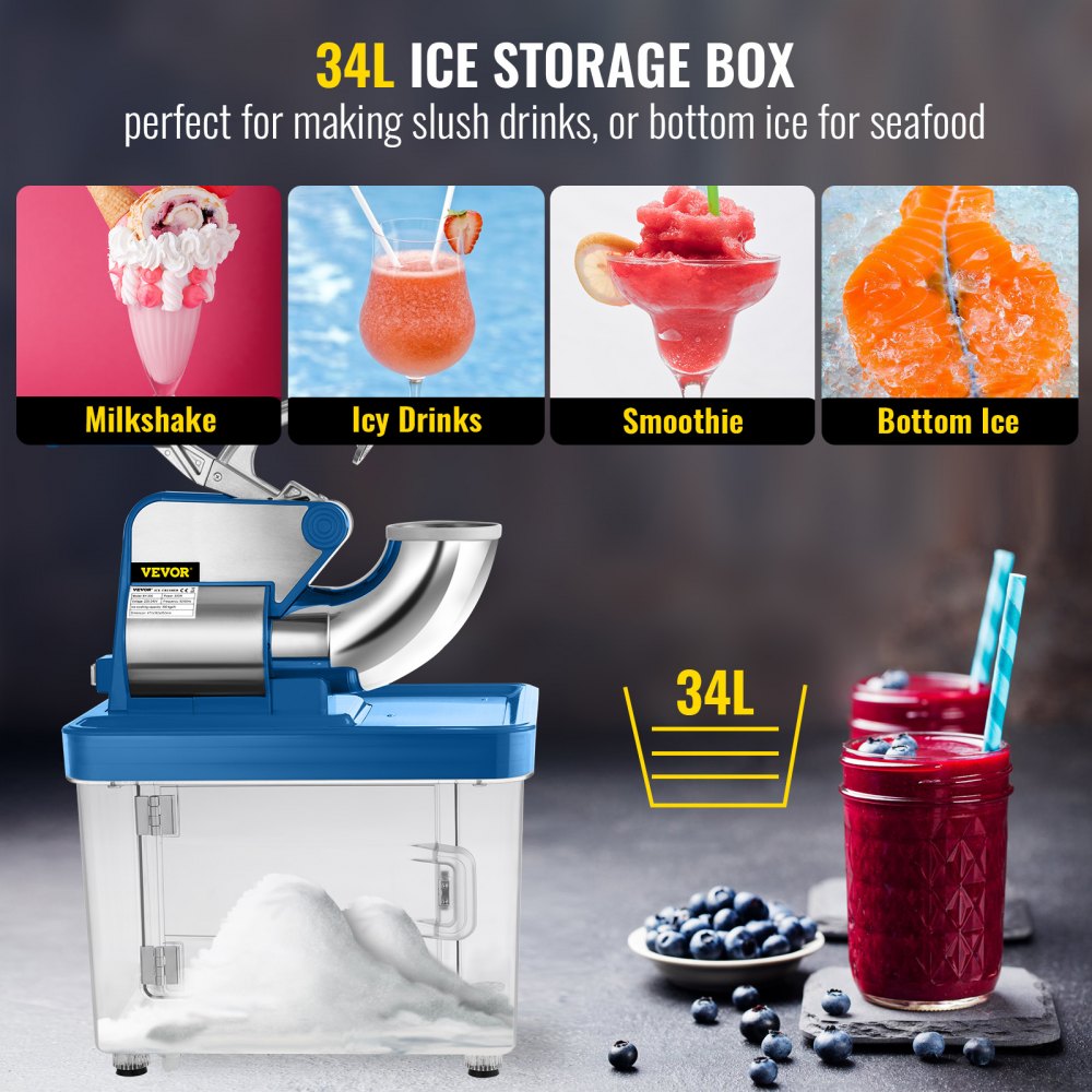 110V Commercial Ice Crusher 440LBS/H, ETL Approved 300W Electric Snow Cone Machine with Dual Blades, Stainless Steel Shaved Ice Machine with Safety On/Off Switch for Family, Restaurants, Bars