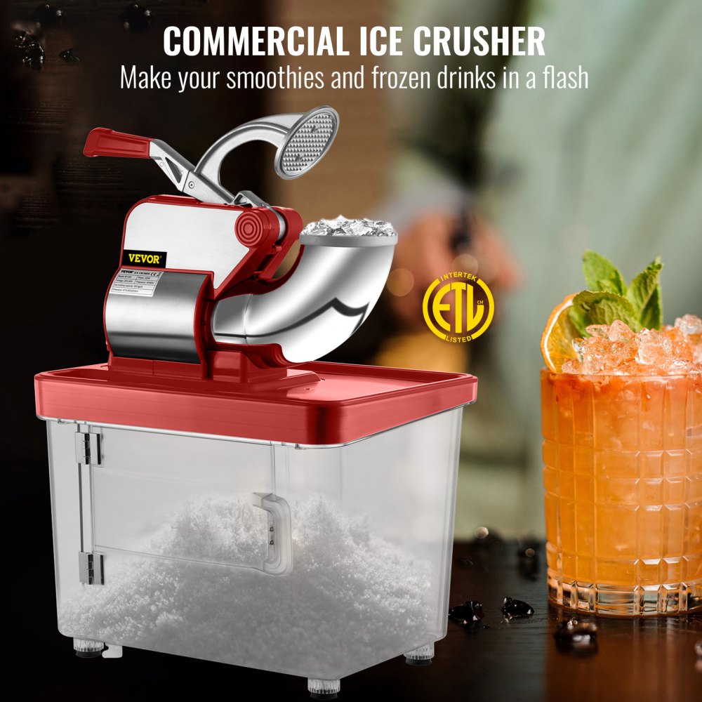 110V Commercial Ice Crusher 440LBS/H, ETL Approved 300W Electric Snow Cone Machine with Dual Blades, Stainless Steel Shaved Ice Machine with Safety On/Off Switch for Family, Restaurants, Bars