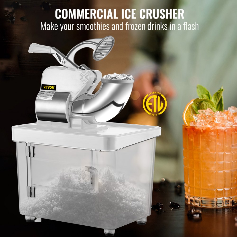 110V Commercial Ice Crusher 440LBS/H, ETL Approved 300W Electric Snow Cone Machine with Dual Blades, Stainless Steel Shaved Ice Machine with Safety On/Off Switch for Family, Restaurants, Bars