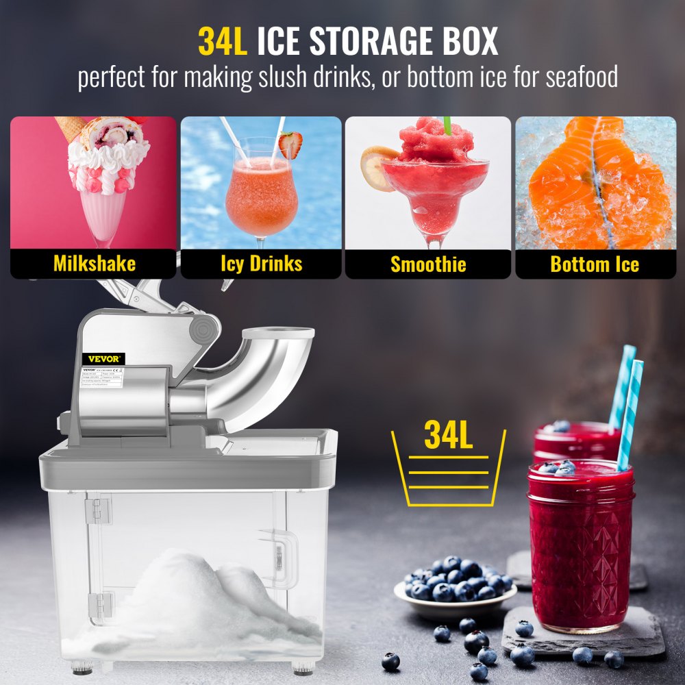 110V Commercial Ice Crusher 440LBS/H, ETL Approved 300W Electric Snow Cone Machine with Dual Blades, Stainless Steel Shaved Ice Machine with Safety On/Off Switch for Family, Restaurants, Bars