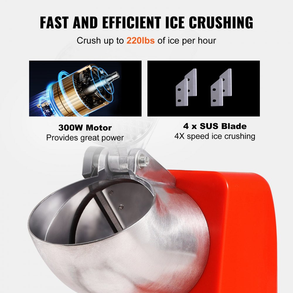 Ice Crushers Machine, 220lbs Per Hour Electric Snow Cone Maker with 4 Blades, Stainless Steel Shaved Ice Machine with Cover and Bowl, 300W Ice Shaver Machine for Home and Commercial Use, Orange