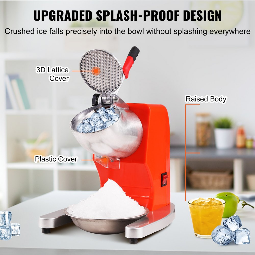 Ice Crushers Machine, 220lbs Per Hour Electric Snow Cone Maker with 4 Blades, Stainless Steel Shaved Ice Machine with Cover and Bowl, 300W Ice Shaver Machine for Home and Commercial Use, Orange