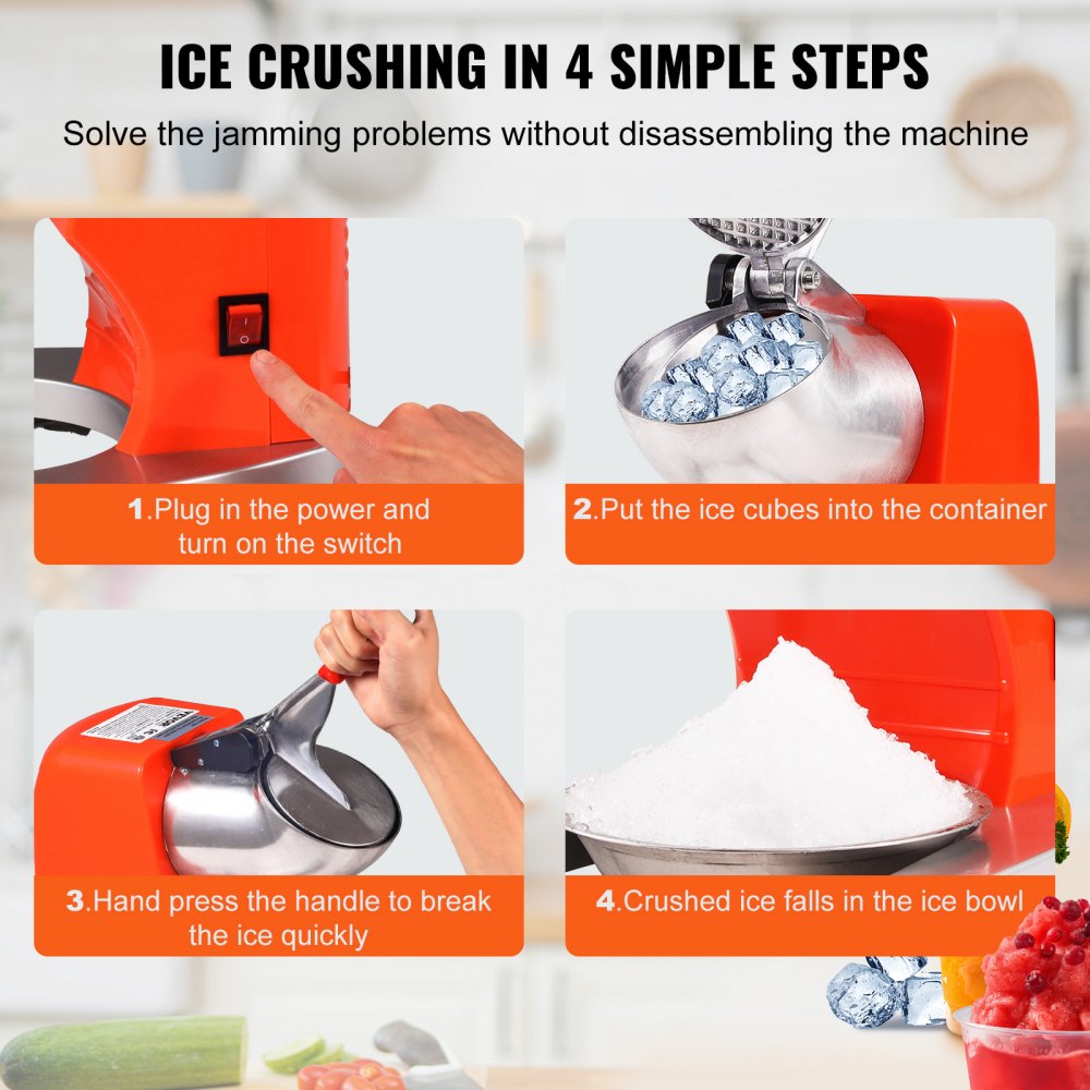 Ice Crushers Machine, 220lbs Per Hour Electric Snow Cone Maker with 4 Blades, Stainless Steel Shaved Ice Machine with Cover and Bowl, 300W Ice Shaver Machine for Home and Commercial Use, Orange