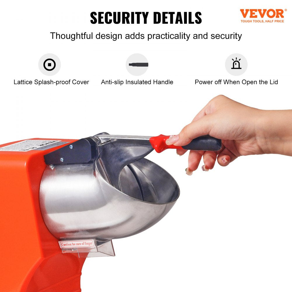 Ice Crushers Machine, 220lbs Per Hour Electric Snow Cone Maker with 4 Blades, Stainless Steel Shaved Ice Machine with Cover and Bowl, 300W Ice Shaver Machine for Home and Commercial Use, Orange