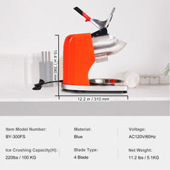 Ice Crushers Machine, 220lbs Per Hour Electric Snow Cone Maker with 4 Blades, Stainless Steel Shaved Ice Machine with Cover and Bowl, 300W Ice Shaver Machine for Home and Commercial Use, Orange