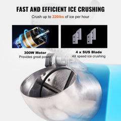Ice Crushers Machine, 220lbs Per Hour Electric Snow Cone Maker with 4 Blades, Stainless Steel Shaved Ice Machine with Cover and Bowl, 300W Ice Shaver Machine for Home and Commercial Use, Blue