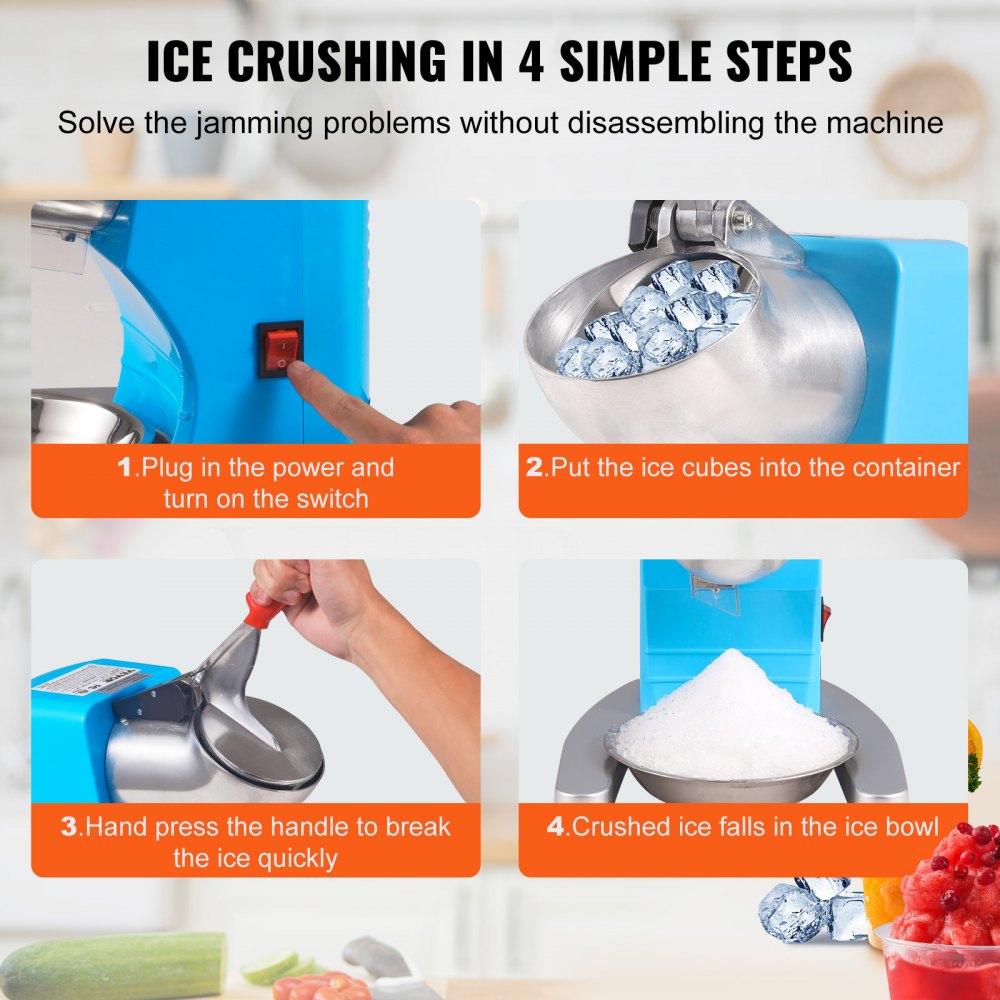 Ice Crushers Machine, 220lbs Per Hour Electric Snow Cone Maker with 4 Blades, Stainless Steel Shaved Ice Machine with Cover and Bowl, 300W Ice Shaver Machine for Home and Commercial Use, Blue