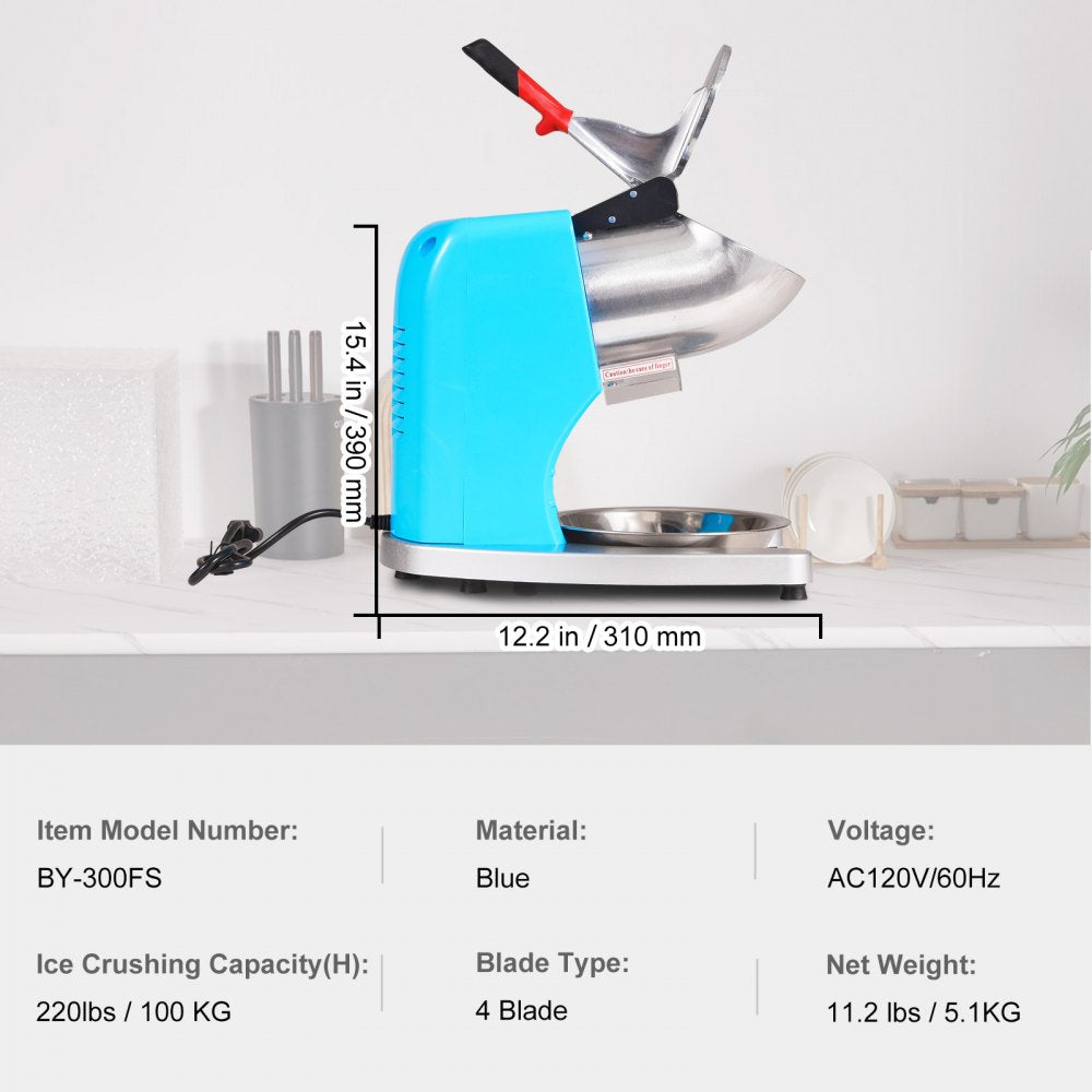 Ice Crushers Machine, 220lbs Per Hour Electric Snow Cone Maker with 4 Blades, Stainless Steel Shaved Ice Machine with Cover and Bowl, 300W Ice Shaver Machine for Home and Commercial Use, Blue