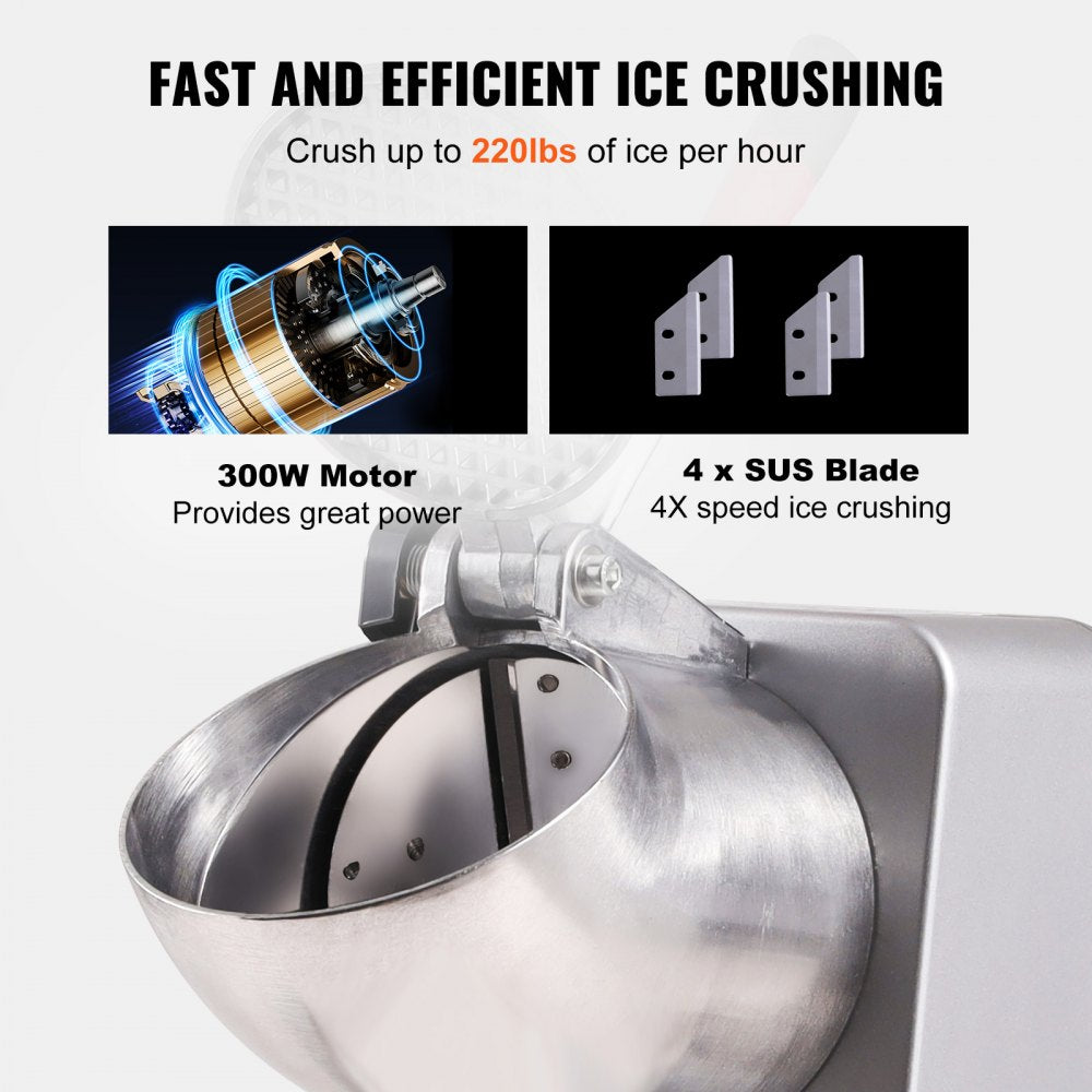 Ice Crushers Machine, 220lbs Per Hour Electric Snow Cone Maker with 4 Blades, Stainless Steel Shaved Ice Machine with Cover and Bowl, 300W Ice Shaver Machine for Home and Commercial Use, Silver