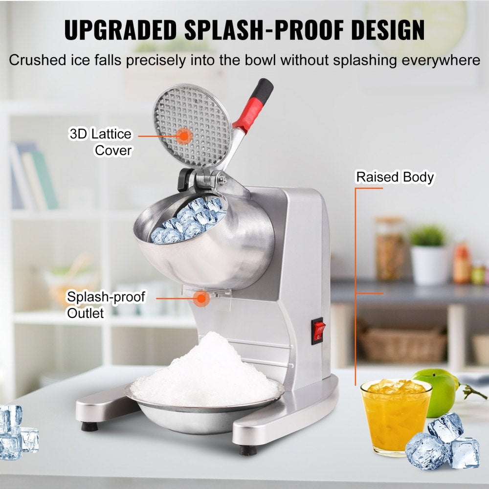Ice Crushers Machine, 220lbs Per Hour Electric Snow Cone Maker with 4 Blades, Stainless Steel Shaved Ice Machine with Cover and Bowl, 300W Ice Shaver Machine for Home and Commercial Use, Silver