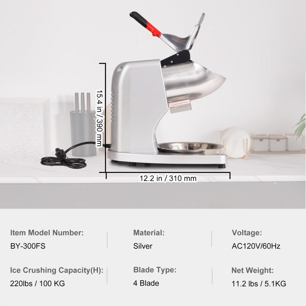 Ice Crushers Machine, 220lbs Per Hour Electric Snow Cone Maker with 4 Blades, Stainless Steel Shaved Ice Machine with Cover and Bowl, 300W Ice Shaver Machine for Home and Commercial Use, Silver