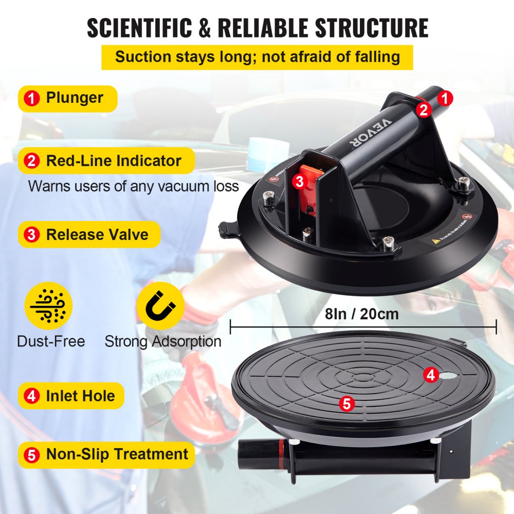 Glass Suction Cup, 8`` Vacuum Suction Cup, 220lbs Load Capacity Vacuum Glass Lifter with Plastic Handle, Heavy-Duty Hand-Held Glass Lifter For Granite & Glass Lifting（With a free case）