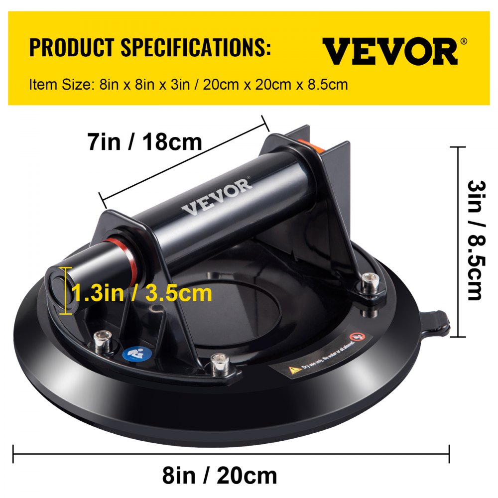 Glass Suction Cup, 8`` Vacuum Suction Cup, 220lbs Load Capacity Vacuum Glass Lifter with Plastic Handle, Heavy-Duty Hand-Held Glass Lifter For Granite & Glass Lifting（With a free case）