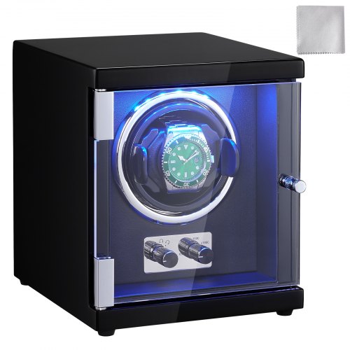 Bostome Single Watch Winder with black PU, blue LED, and quiet Mabuchi motor for automatic watches.