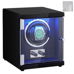 Bostome Single Watch Winder with black PU, blue LED, and quiet Mabuchi motor for automatic watches.