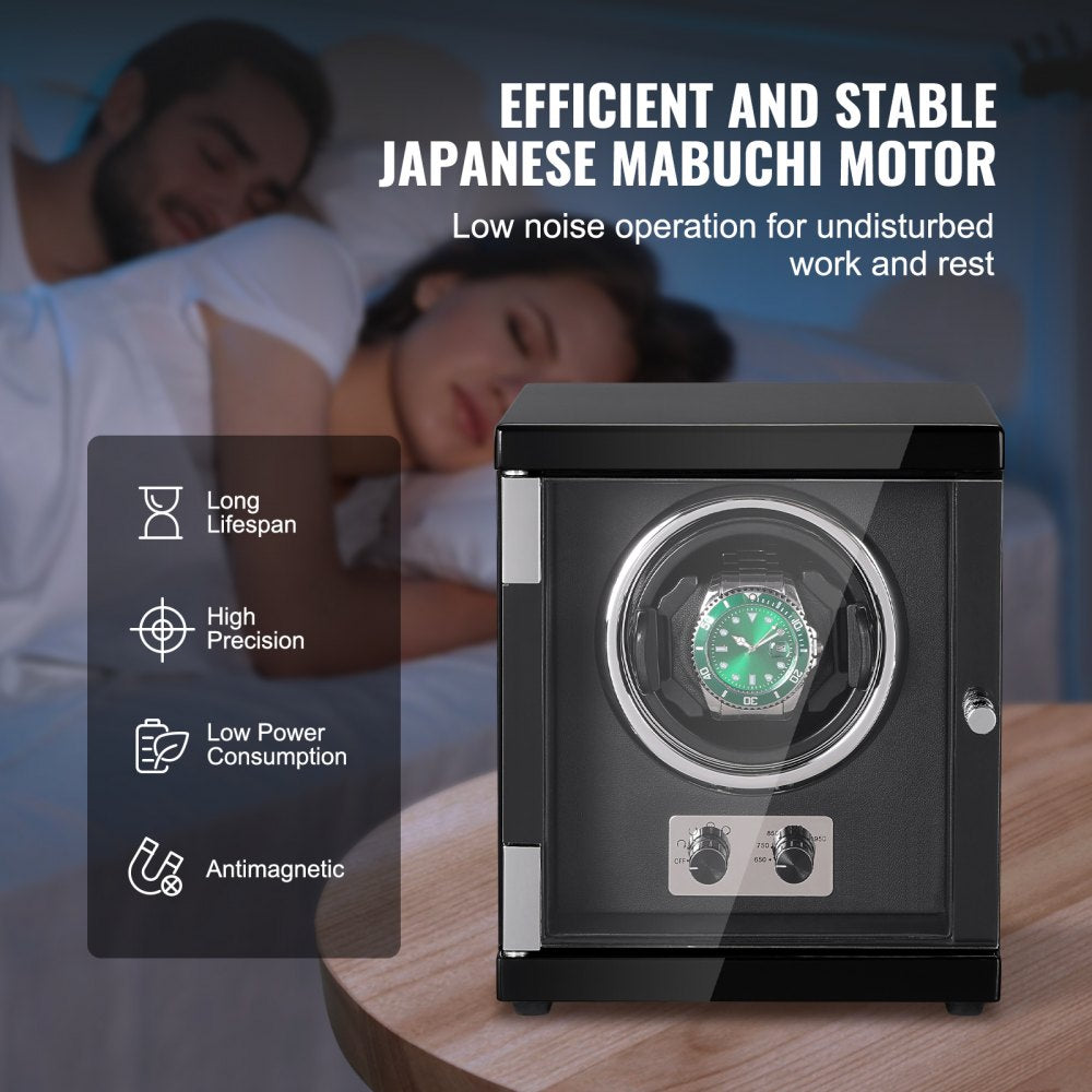 Bostome Single Watch Winder in black PU with blue LED and quiet Mabuchi motor for automatic watches.