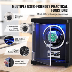 Black PU watch winder with blue LED, featuring a quiet Mabuchi motor and adjustable settings.
