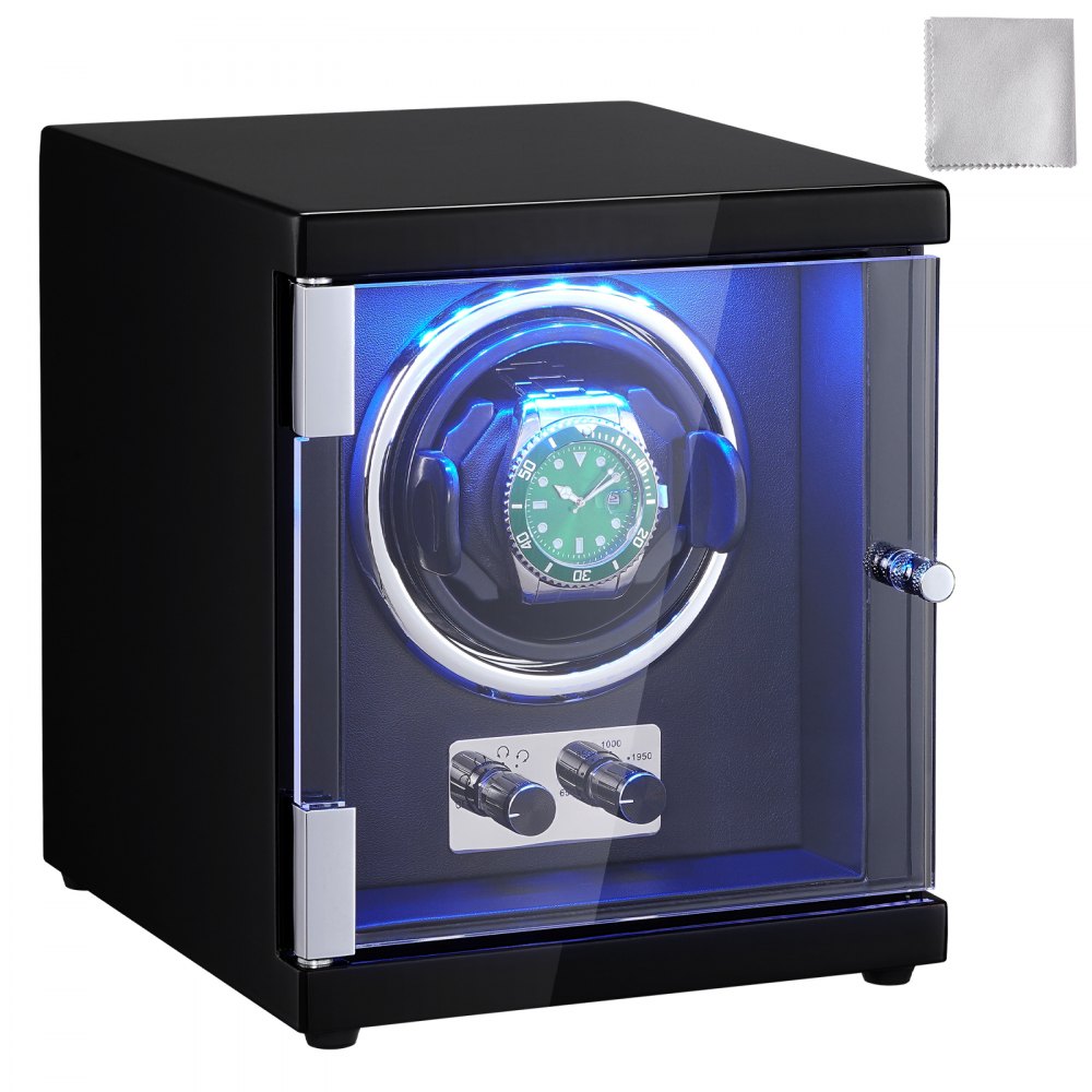 Black PU watch winder with blue LED, featuring a quiet Mabuchi motor and adjustable settings.