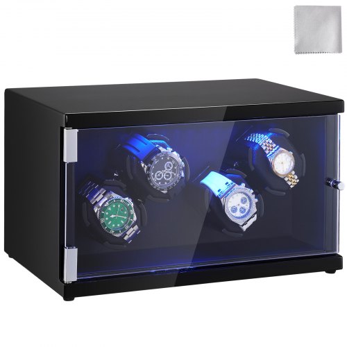 Black watch winder box with glass door displaying four automatic watches on blue LED-lit rotating cushions.