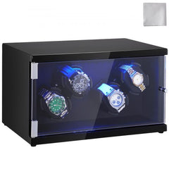 Black watch winder box with glass door displaying four automatic watches on blue LED-lit rotating cushions.