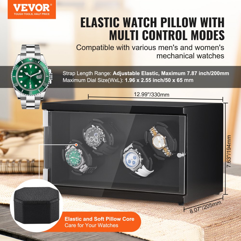 Black watch winder box with four rotating pillows for automatic watches, blue LED lighting, and quiet motors.