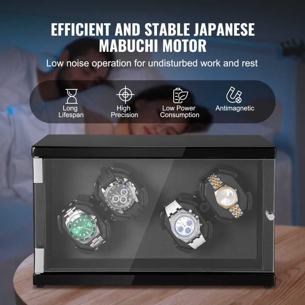 Black watch winder box displaying four automatic watches with quiet Mabuchi motors and blue LED lighting.