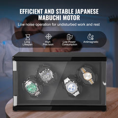 Black watch winder box displaying four automatic watches with quiet Mabuchi motors and blue LED lighting.