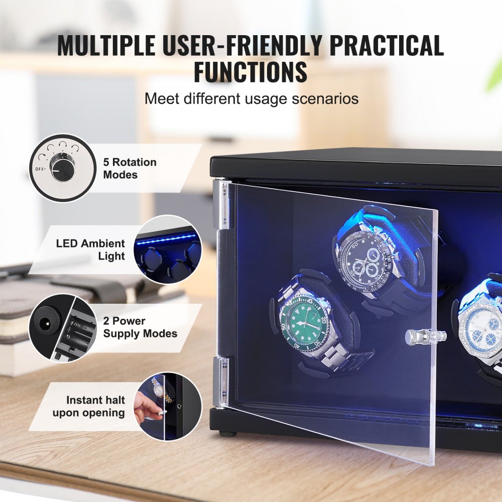 Black watch winder box for 4 automatic watches with blue LED lights, 5 rotation modes, and dual power supply.