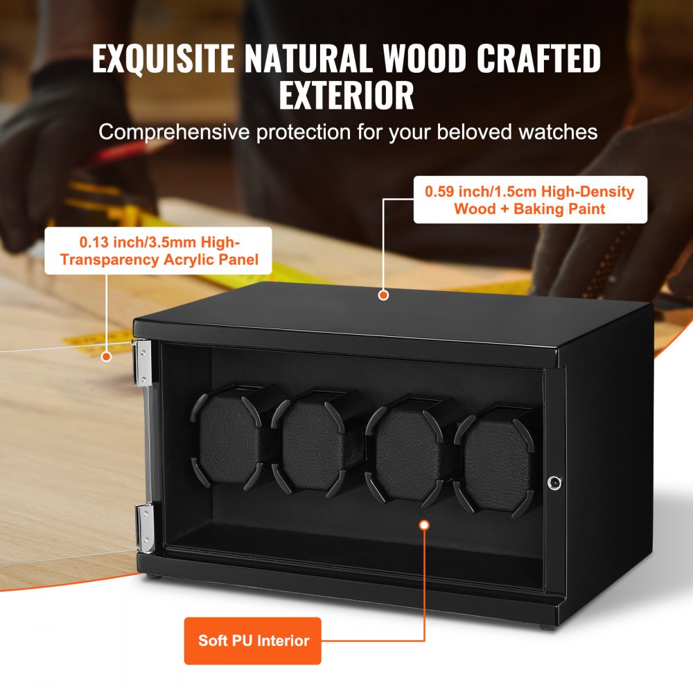 Black wooden watch winder box with four compartments, transparent acrylic panels, and blue LED lighting.