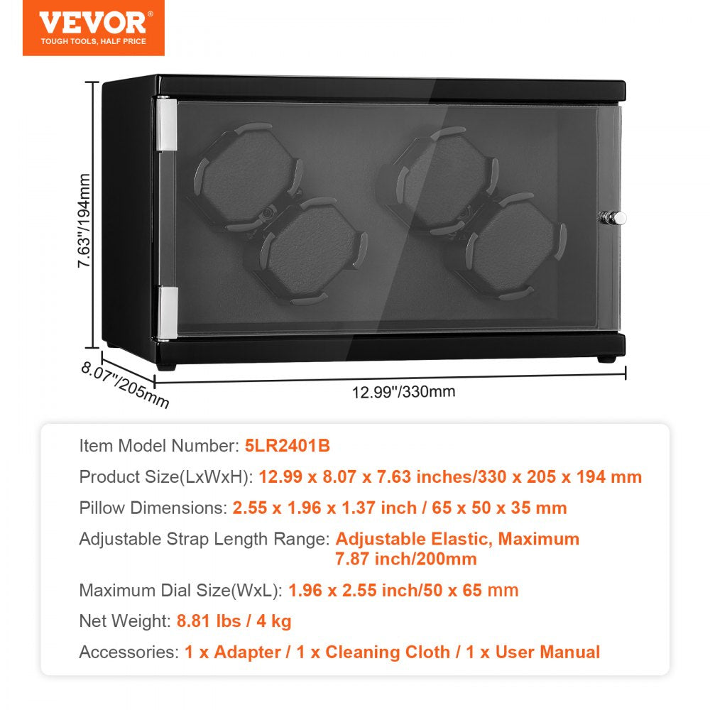 Black watch winder box with glass door for 4 automatic watches, blue LED lighting, and adjustable straps.