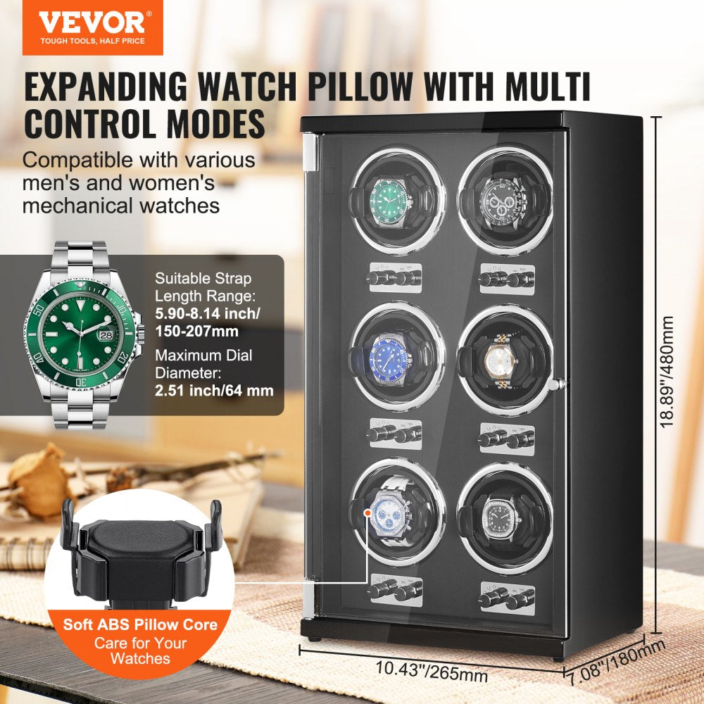 Watch Winder, Watch Winder for 6 Men`s and Women`s Automatic Watches, with 6 Super Quiet Japanese Mabuchi Motors, Blue LED Light and Adapter, High-Density Board Shell and Black PU