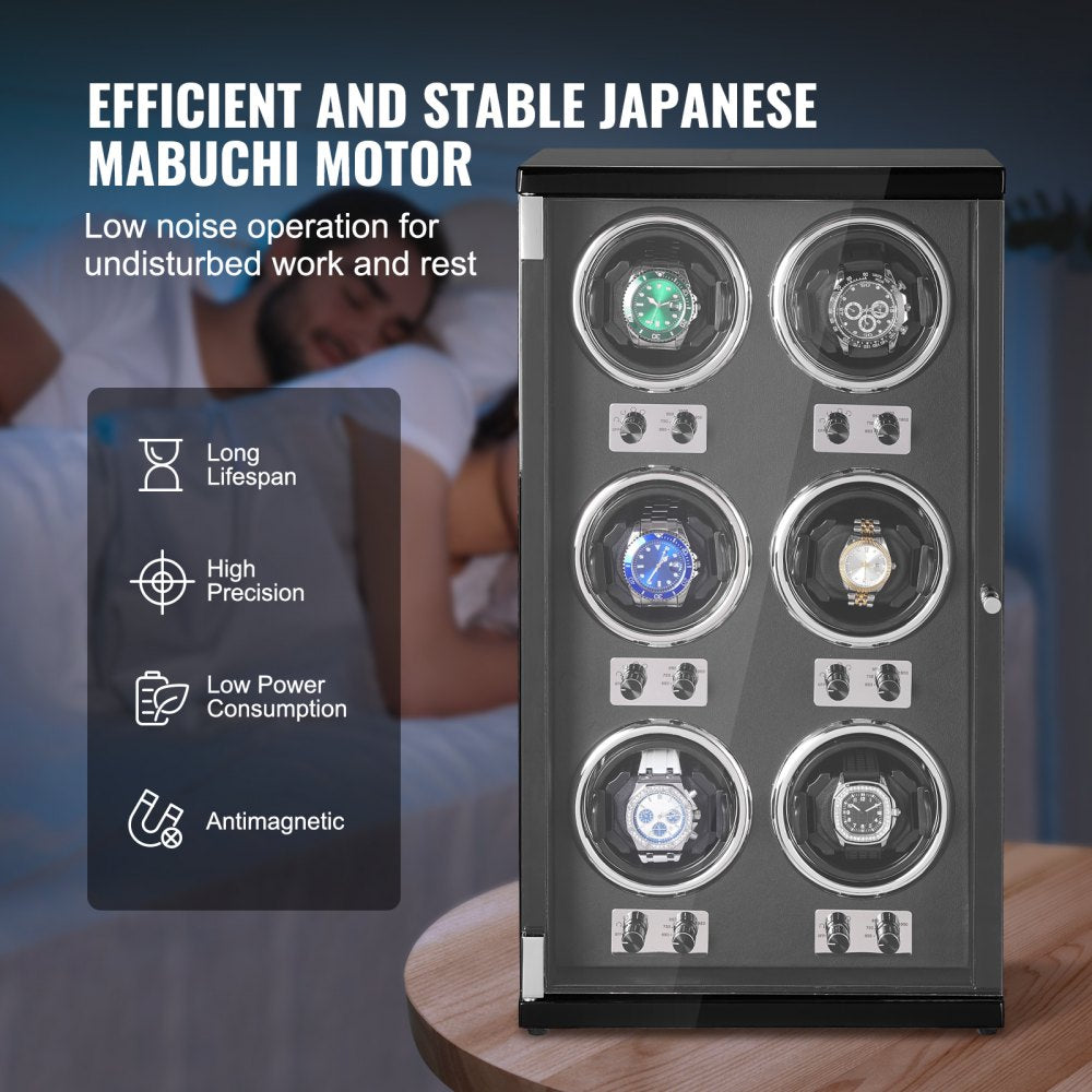 Watch Winder, Watch Winder for 6 Men`s and Women`s Automatic Watches, with 6 Super Quiet Japanese Mabuchi Motors, Blue LED Light and Adapter, High-Density Board Shell and Black PU