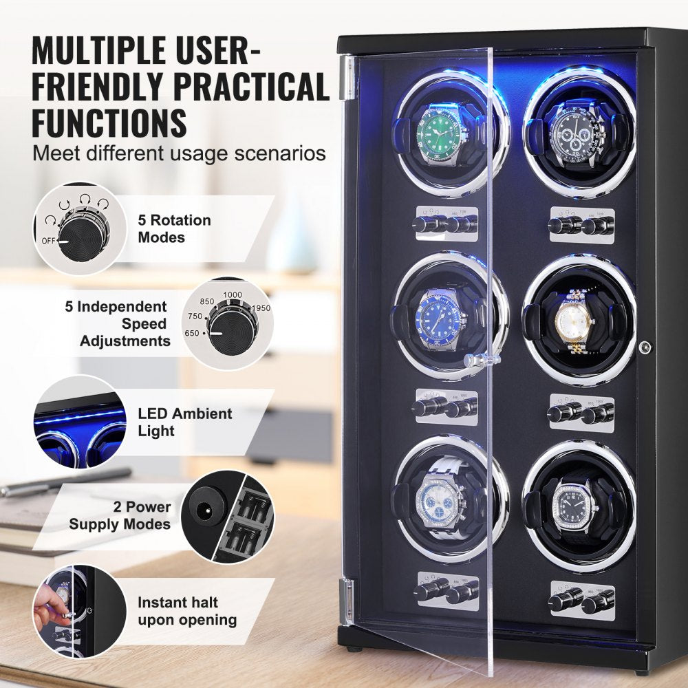 Watch Winder, Watch Winder for 6 Men`s and Women`s Automatic Watches, with 6 Super Quiet Japanese Mabuchi Motors, Blue LED Light and Adapter, High-Density Board Shell and Black PU