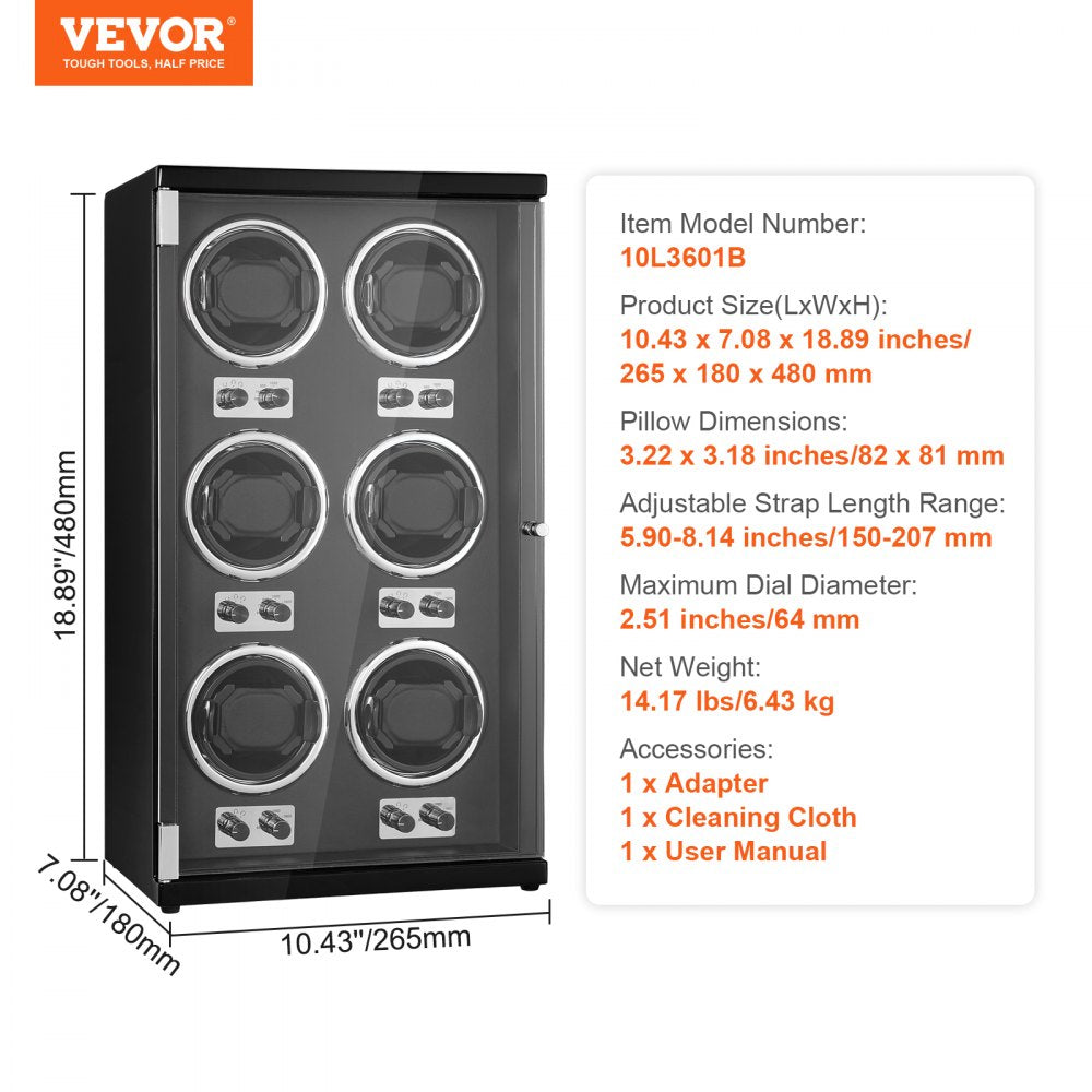 Watch Winder, Watch Winder for 6 Men`s and Women`s Automatic Watches, with 6 Super Quiet Japanese Mabuchi Motors, Blue LED Light and Adapter, High-Density Board Shell and Black PU