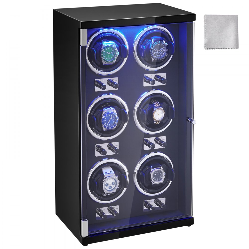 Watch Winder, Watch Winder for 6 Men`s and Women`s Automatic Watches, with 6 Super Quiet Japanese Mabuchi Motors, Blue LED Light and Adapter, High-Density Board Shell and Black PU