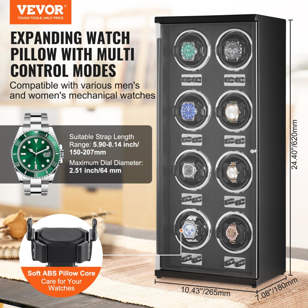 Black 8-watch winder with blue LED lights and adjustable pillows for automatic watches.