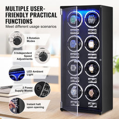 Black 8-slot watch winder box with glass door, blue LED lights, and rotation controls.