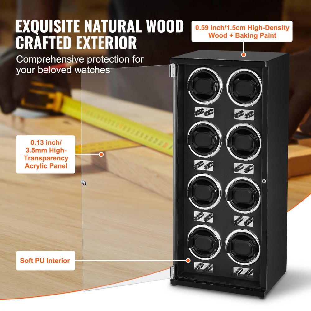 Wooden watch winder box with 8 slots, clear acrylic panels, and blue LED interior.