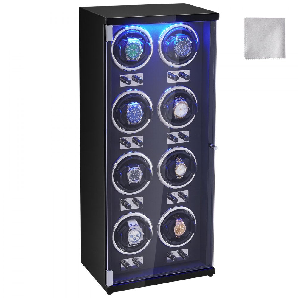 Black Bostome watch winder with blue LED lighting holding eight automatic watches.