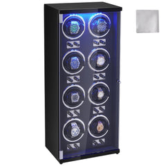 Black Bostome watch winder with blue LED lighting holding eight automatic watches.