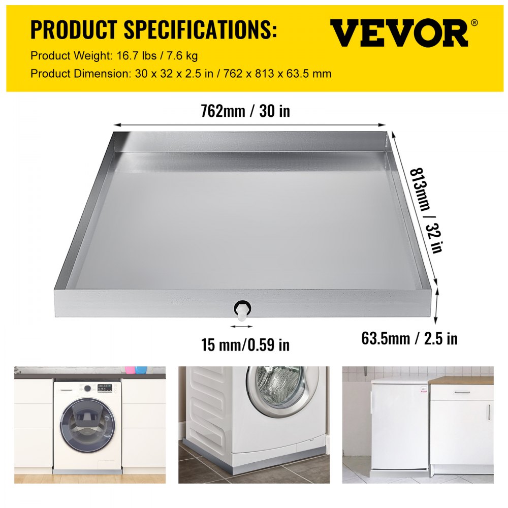32 x 30 x 2.5 Inch Washing Machine Pan 18 GA Thickness Galvanized Steel Heavy Duty Compact Washer Drip Tray with Drain Hole & Hose Adapter
