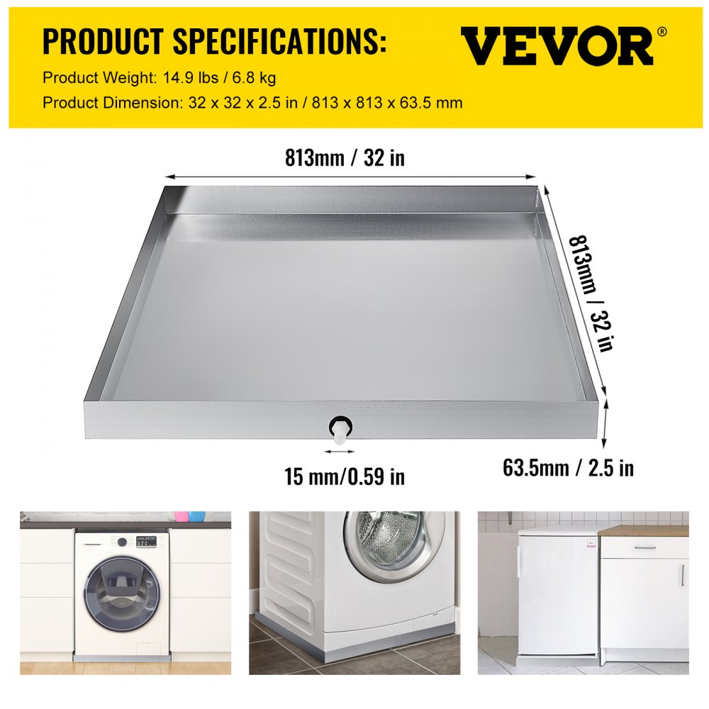 32 x 32 x 2.5 Inch Washing Machine Pan 18 GA Thickness 304 Stainless Steel Heavy Duty Compact Washer Drip Tray with Drain Hole & Hose Adapter