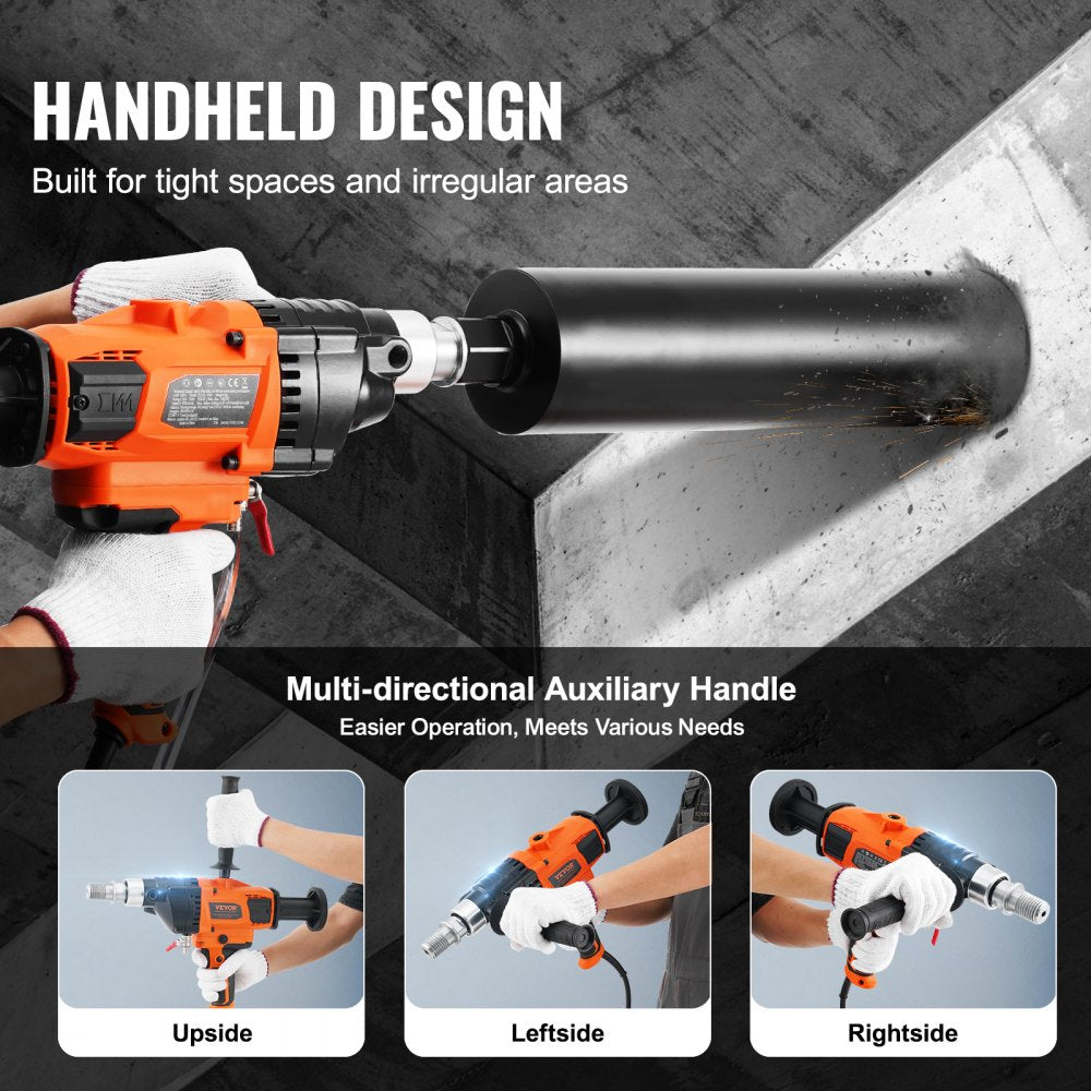 Orange handheld core drill machine with multi-directional auxiliary handle for tight spaces and mixing.