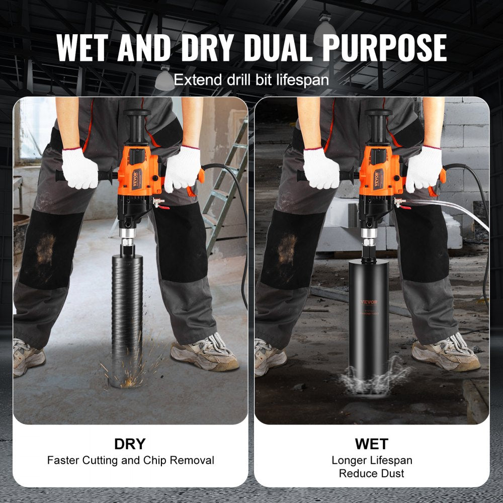 Handheld core drill machine in wet and dry modes, showing dust removal and water use.